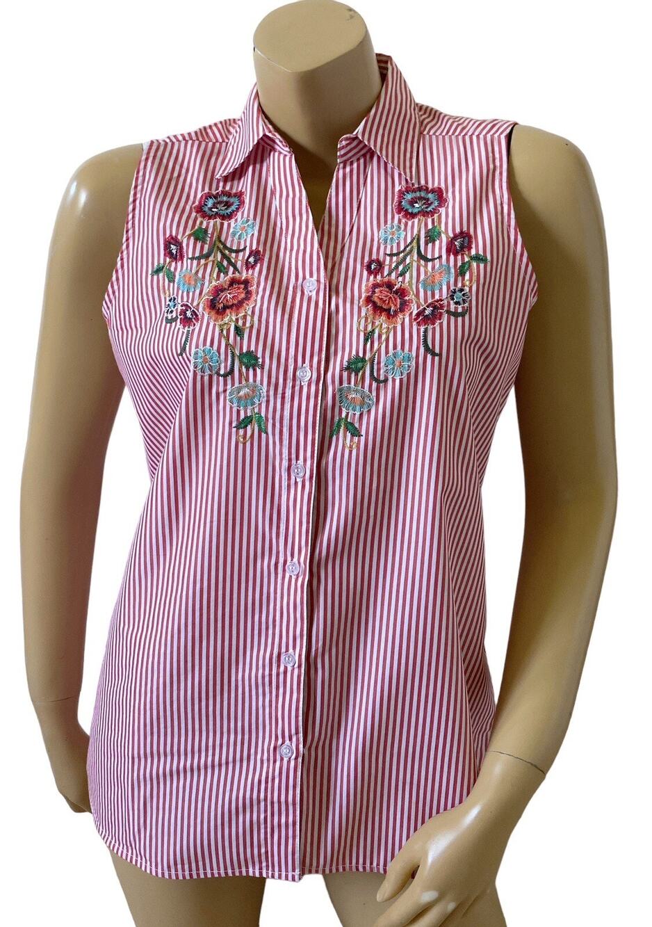 Grand & Greene Shirt Womens Small Red White Stripe Floral Embroidered Sleeveless